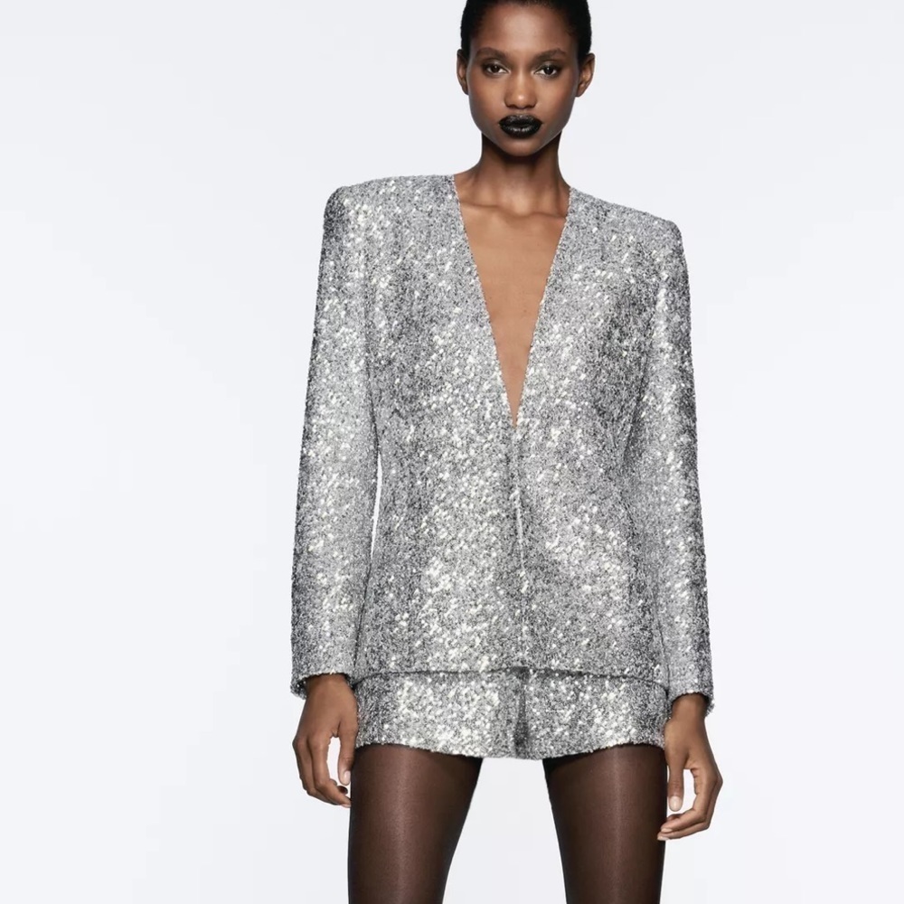 Zara SEQUINED BLAZER silver